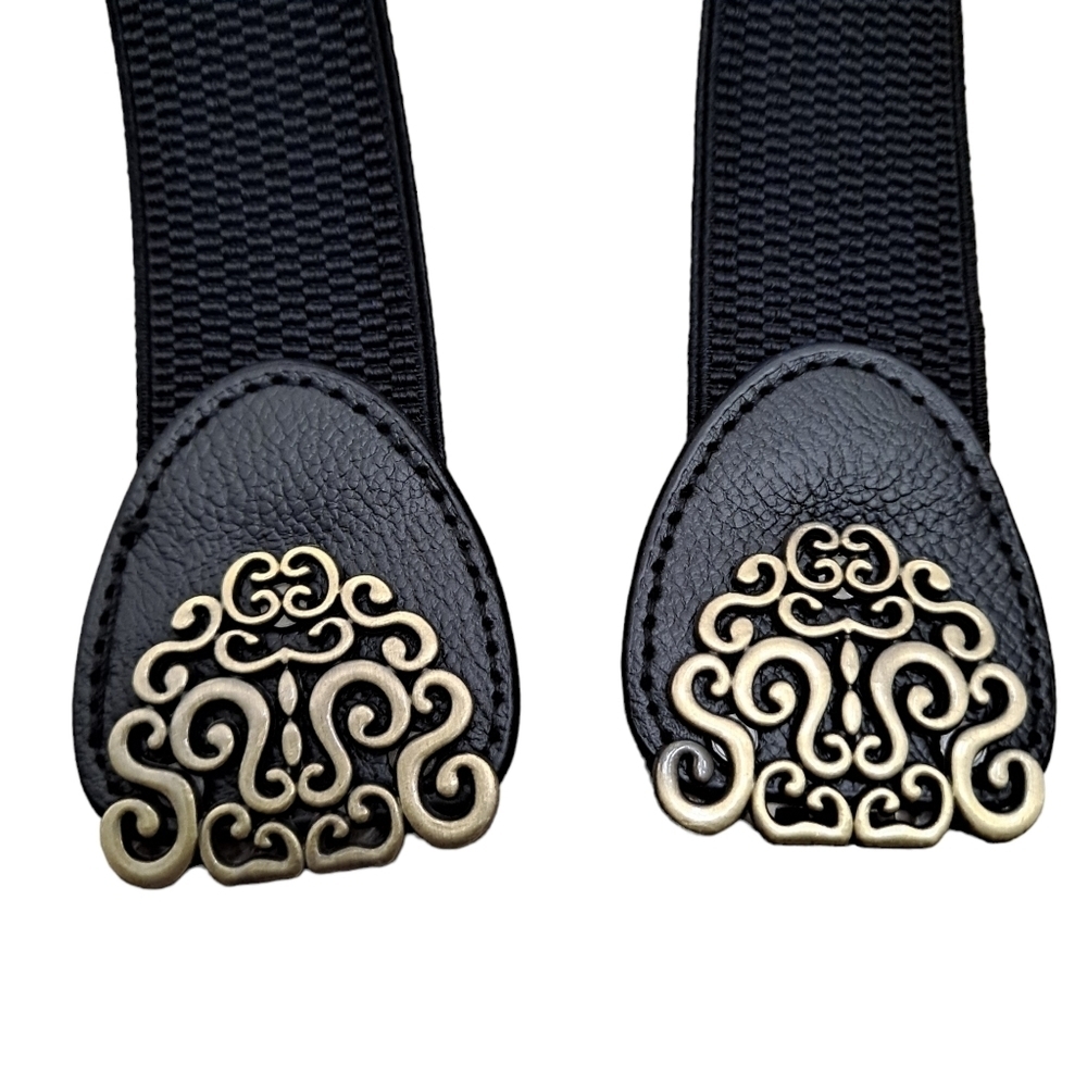 Black gold floral buckle faux leather corset boho stretch waist statement belt - Picture 10 of 12